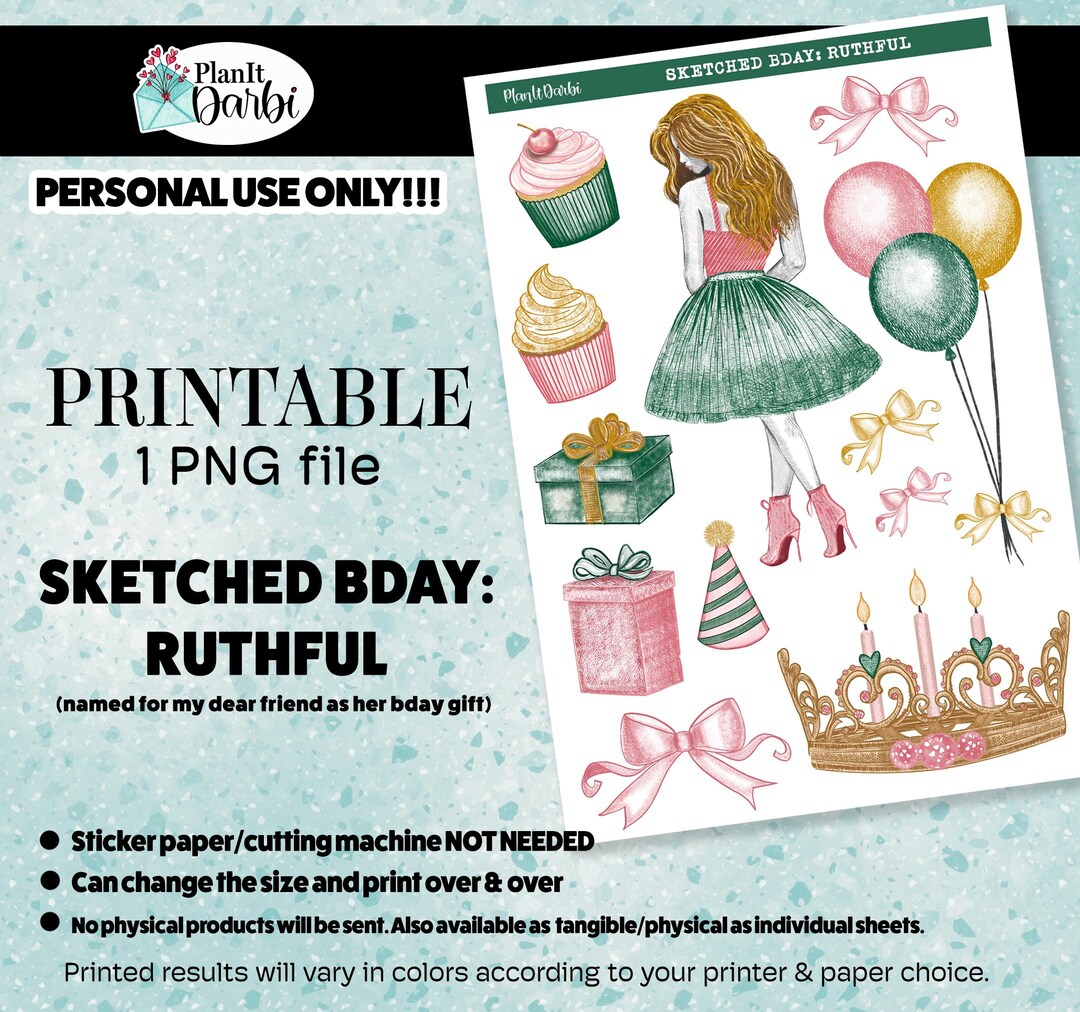 Printable Planner Stickers: Ruthful SKETCHED BIRTHDAY Deco, Birthday ...