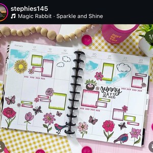 May include: A weekly planner with a pink, yellow, and green floral theme. The planner has a grid layout with dates for February 17th through 23rd. The planner has a quote that says "Sunny Days Are Ahead".