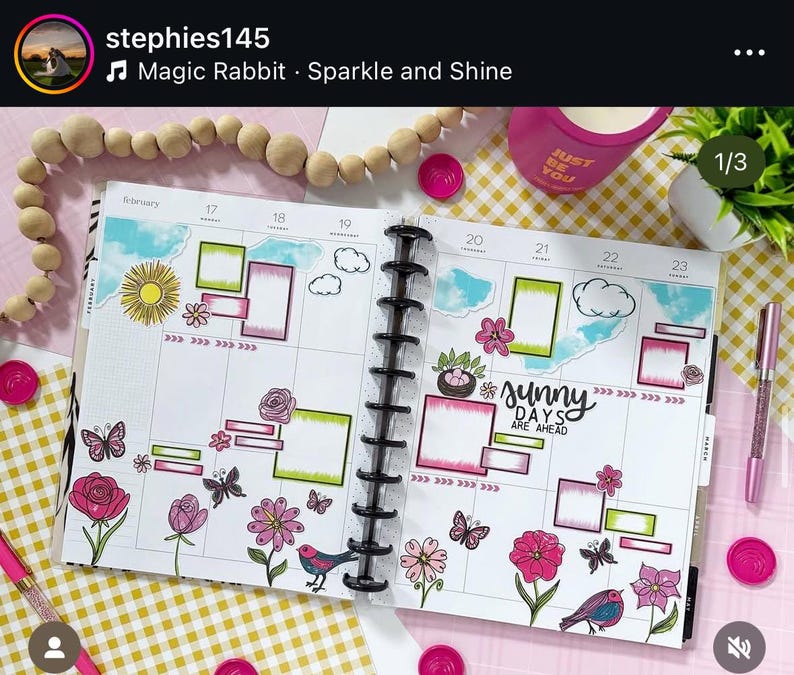 May include: A weekly planner with a pink, yellow, and green floral theme. The planner has a grid layout with dates for February 17th through 23rd. The planner has a quote that says "Sunny Days Are Ahead".