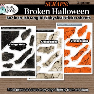 May include: Three sticker sheet options for Halloween. The sheets are labeled "Vintage Webs", "Cracked Bone", and "Orange Cracks". Each sheet contains several die-cut stickers. The stickers are approximately 5x7 inches in size. The text "Broken Halloween" is at the top.