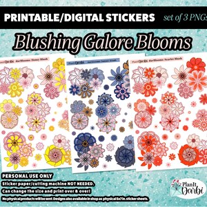 May include: Set of three digital sticker sheets featuring floral designs in shades of pink, yellow, blue, and orange. The stickers are labeled "Blushing Galore Blooms" and are available as printable PNGs. The text on the image states "Personal Use Only".