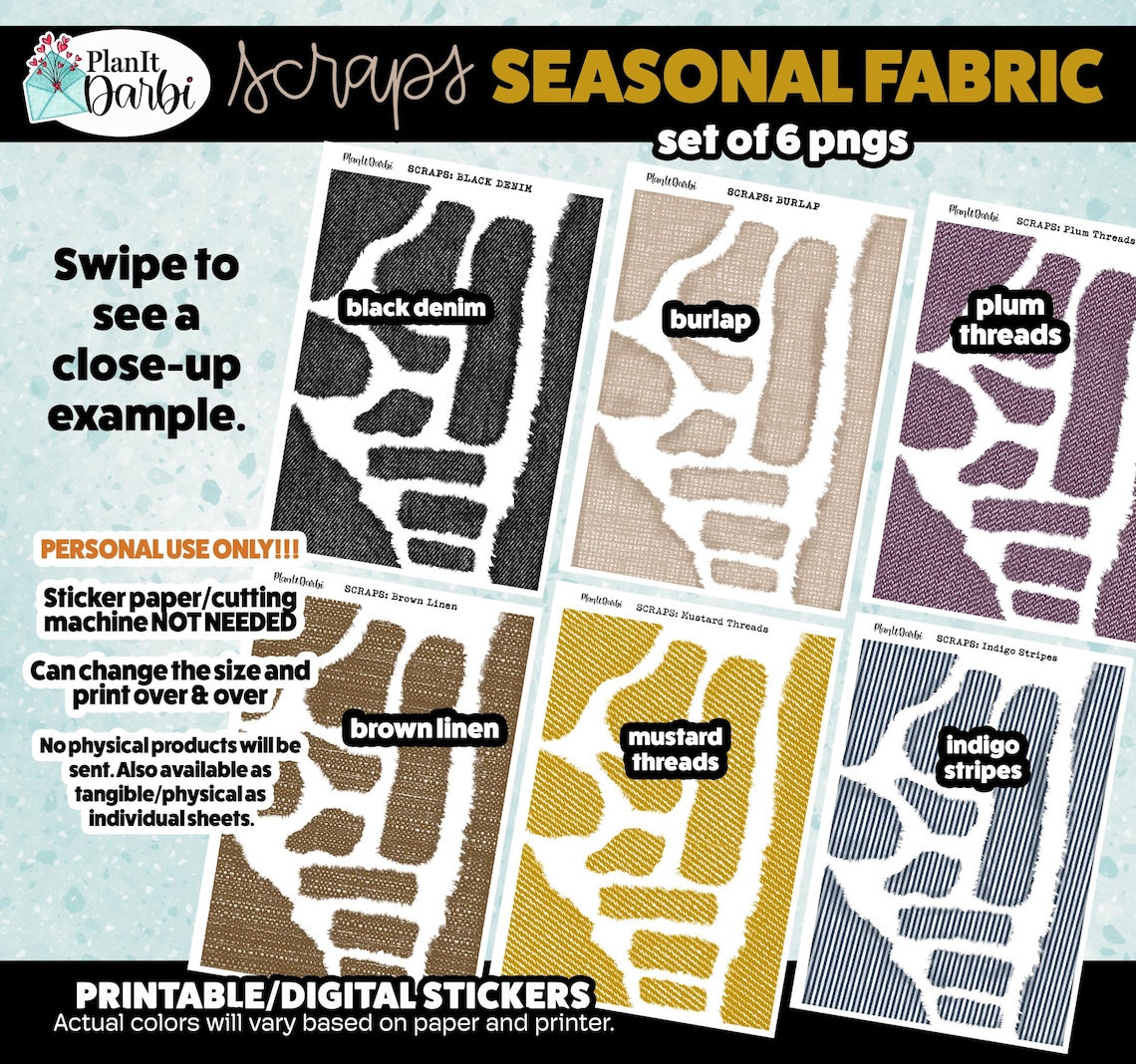 Printable Planner Stickers FALL FABRICS Scraps (set of 6), Burlap