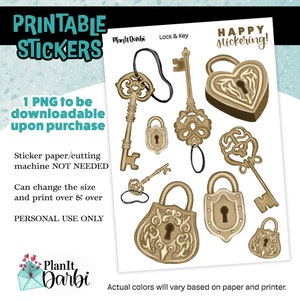 printable Planner stickers:  gold antique LOCK & KEY vintage, gothic ephemera for planners and journals