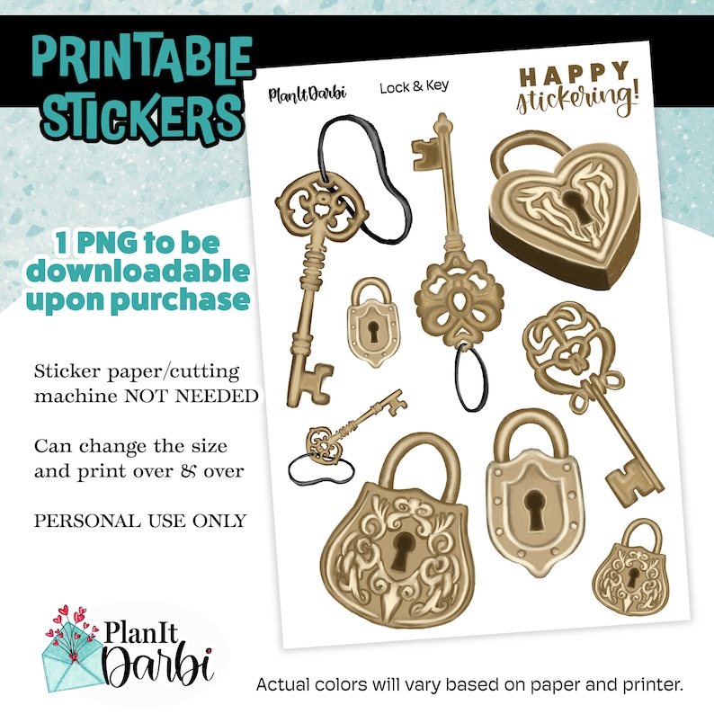 Printable Planner Stickers: Gold Antique LOCK & KEY Vintage, Gothic ...