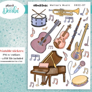 MUSICAL MELISA printable decorative tickers featuring instruments, band, rock, guitar, clarinet, piano for your journal or planner