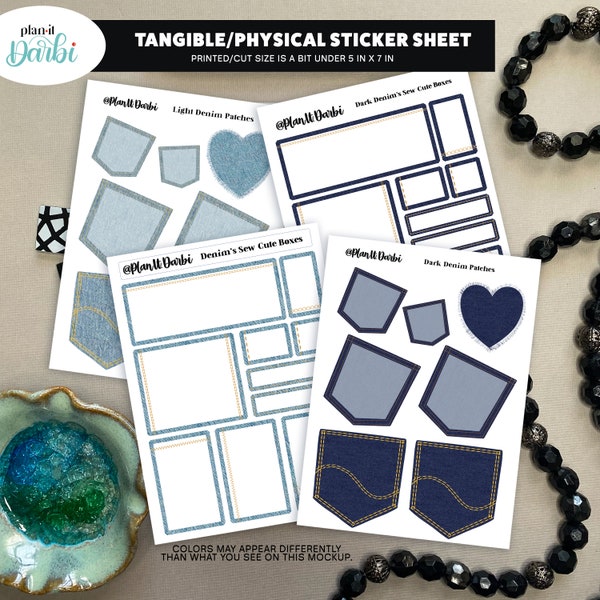 tangible: DENIM PATCHES & boxes, light and dark wash blue jeans Planner Boxes decorative Planner Stickers for Happy Planner, bullet journal