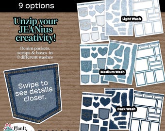 tangible planner stickers: DENIM PATCHES, (9 opts) pockets, scraps, boxes, light, dark, med wash blue jeans, ephemera, functional boxes