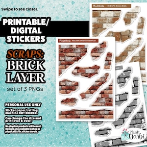 Puede incluir: Pegatinas digitales imprimibles con diseños de capas de ladrillos. La imagen muestra tres conjuntos de PNG con patrones de ladrillos desgastados en tonos marrón, rojo y gris. El texto incluye "SCRAPS: BRICK LAYER" y "set of 3 PNGs".