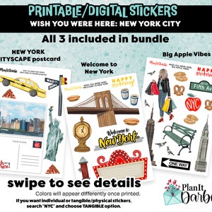 printable stickers: NYC trio -set of 3- Wish You Were Here - New York City planner + junk journal stickers of city life, big apple clip art