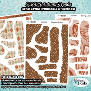 May include: A digital set of three printable PNG scrap sheets titled SCRAPS: Autumn Trends. The designs include Cider Argyle with orange and green diamonds, Bambi Grass with brown and white spots, and Rusty Luster with copper swirl patterns.