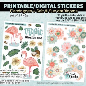 printable planner stickers: FLAMINGOES & BLOOMS (2), summer stickers, tropical stickers, flamingo, coconut, palms, beach stickers, darblooms
