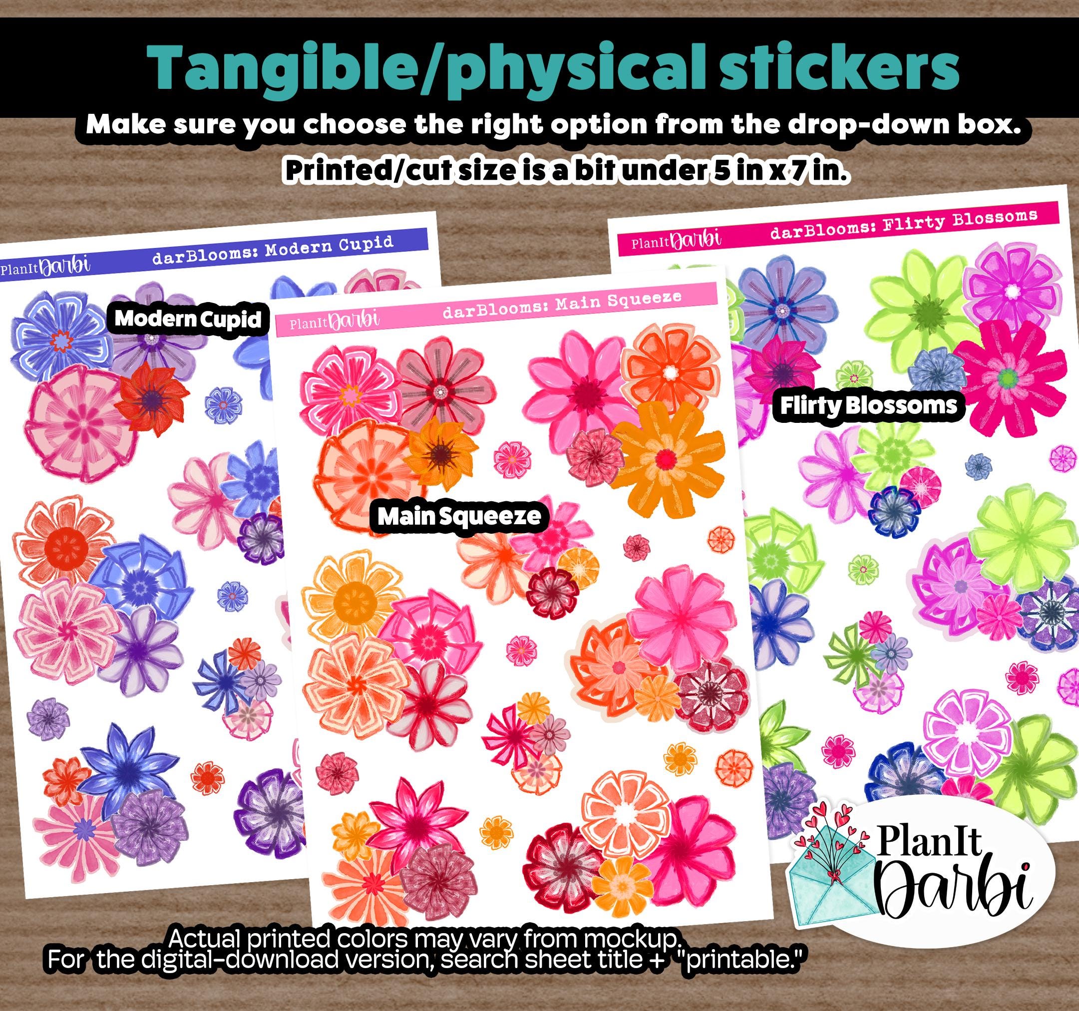 Tangible planner stickers: (3 options) darBLOOMS, cupid, main squeeze, flirty colorful watercolor flowers, spring florals for journals