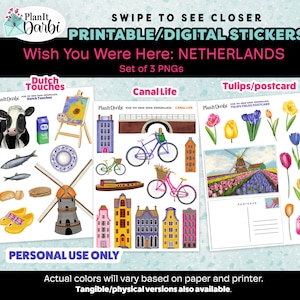printable planner stickers: Wish You Were Here Netherlands, Amsterdam. Dutch, tulips, canal, dairy farm, windmills for journals and planners