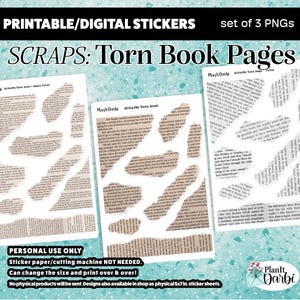 Puede incluir: Conjunto de tres pegatinas digitales PNG con páginas de libros rasgadas. Las páginas tienen un aspecto vintage con texto visible y bordes desgastados. El texto "SCRAPS: Torn Book Pages" está en la parte superior. Las pegatinas son para uso personal.