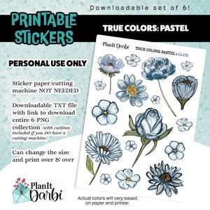 Printable Stickers: True Colors PASTEL set of 6 PNG digital watercolor spring flowers, lined floral stickers for planners & Journals 画像 3