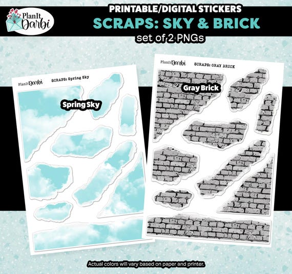 Printable Planner Stickers: SCRAPS -  Brick & Blue Sky, Urban Garden, urban textures, skate culture, streetwear, torn paper ephemera