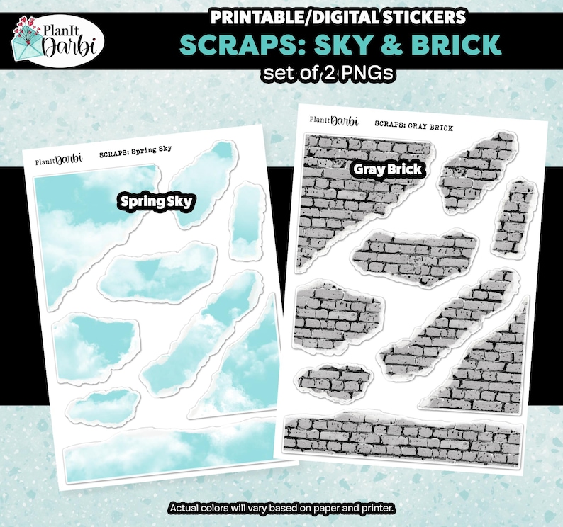 May include: Printable digital stickers featuring a set of two PNG images. The first image shows a collection of blue and white spring sky clouds. The second image shows a collection of gray brick pieces.