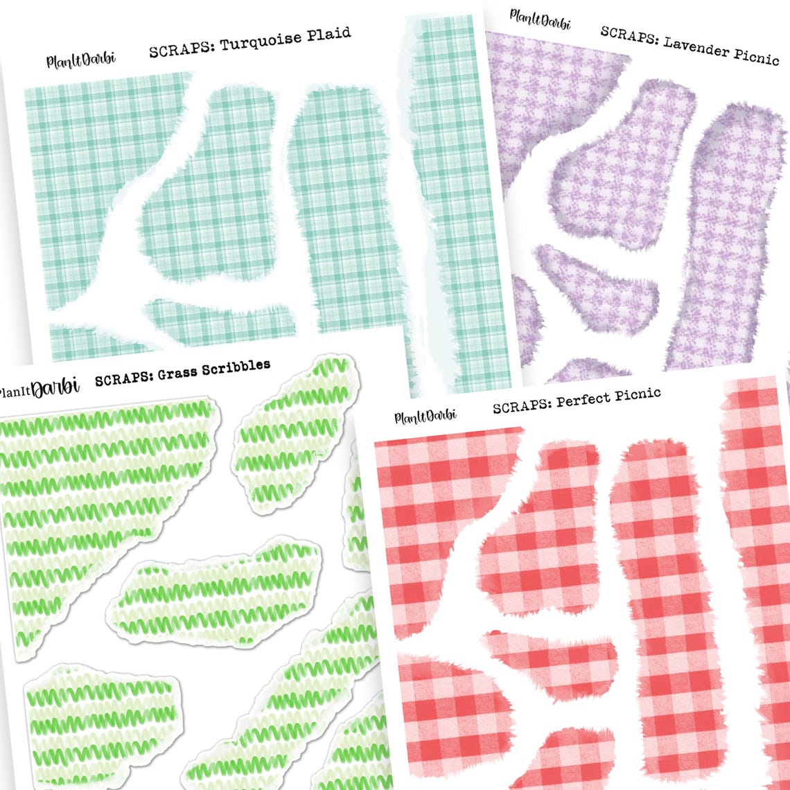 Picnic Pattern Ripped Paper Printable Planner Stickers: SCRAPS 4 PNG Picnic Themed, Plaid, Grass ...