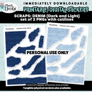 printable planner stickers: SCRAPS- DENIM torn paper, blue jeans, dark denim, light denim, ripped jeans ephemera for journaling & planning