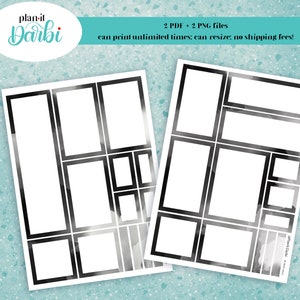 Puede incluir: Dos hojas imprimibles de pegatinas para planificadores con un diseño geométrico en blanco y negro. Las pegatinas están sobre un fondo blanco con una lavada de acuarela gris.