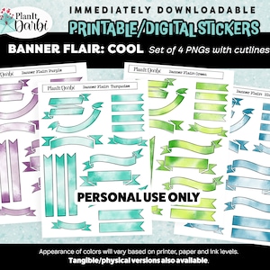May include: Set of four digital printable banner flair stickers in purple, turquoise, green, and blue watercolor designs. Each sticker sheet includes a variety of banner shapes and sizes. The text "PlanIt Darbi" and "PERSONAL USE ONLY" is included on the image.