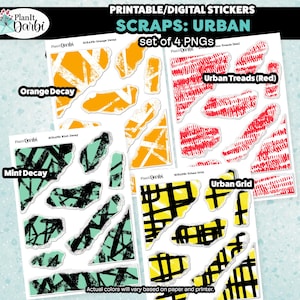 Printable Planner Stickers: SCRAPS City Walls (set of 4), urban textures, mint, black, yellow, orange, grunge texture, torn paper ephemera