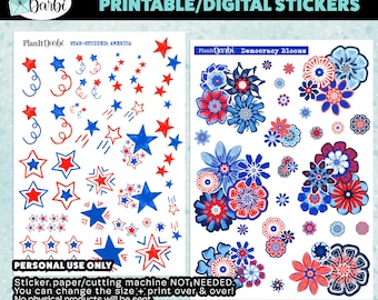 PRINTABLE STICKERS: Democracy Blooms & Stars, set of 2, 4th of july, America, patriotic, USA, independence day, Fourth of July, scrapbooking