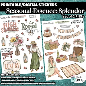 May include: Digital sticker set featuring two PNGs with a seasonal theme. The stickers include illustrations of flowers, a woman, a picnic scene, and text that reads "High Standards" and "Happy Birthday." The set is designed by PlanItDarbi.