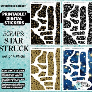 May include: A set of four digital PNG sticker sheets with star-themed designs. The sheets feature gold, black, white, and blue color schemes with various star patterns. Text includes "PRINTABLE/ DIGITAL STICKERS" and "SCRAPS: STAR STRUCK".