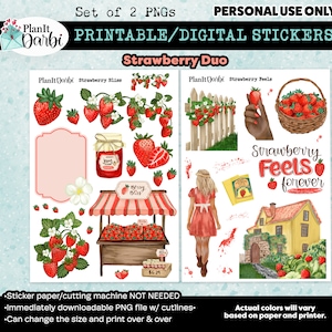 printable planner stickers: STRAWBERRY BLISS- set of 2, summer cottage, doll sticker, strawberries, strawberry picking, fruit stickers