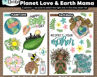 Tangible planner stickers: PLANET love - EARTH MAMA duo (2 opt), planet earth, earth day stickers, nature lover, tree hugger stickers