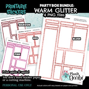 printable planner box stickers: PARTY BOXES (bundle of 4 PNGs) warm toned glittery bordered box stickers for planning and journaling