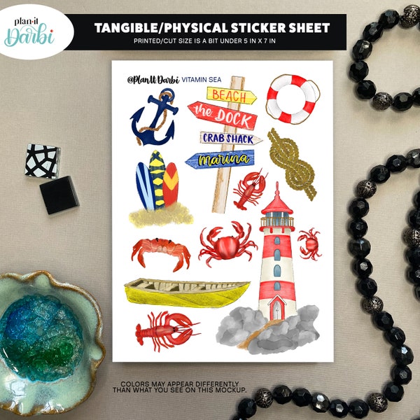 tangible: VITAMIN SEA nautical theme, crab lobster lighthouse boat anchor, planner stickers Printable decorative Planner & journal stickers
