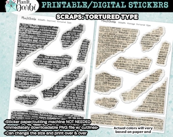 printable planner stickers: SCRAPS (duo) Tortured Typewriter torn paper, ephemera for bujos & planners; typed lyrics, vintage vibe