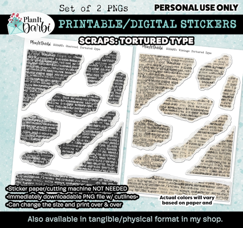 Typed Sticker Printable Planner Stickers: SCRAPS (duo) Tortured Typewriter Torn Paper ...