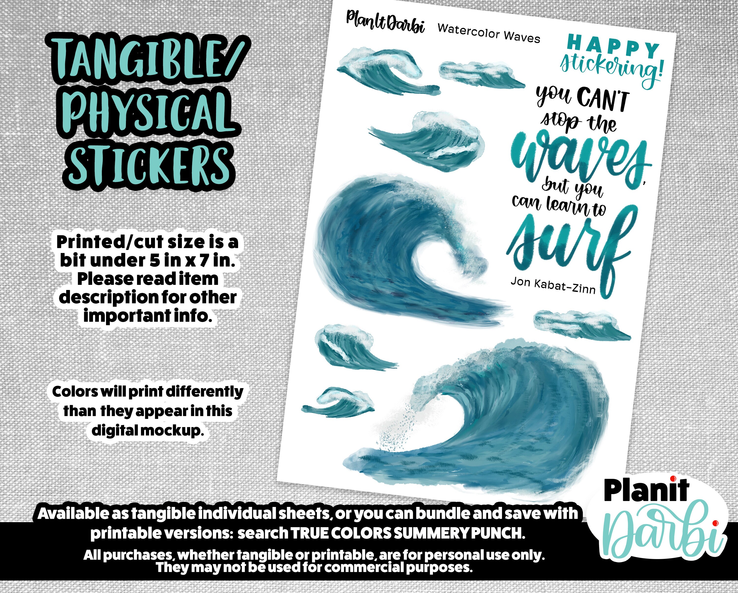 TANGIBLE: WATERCOLOR WAVES summer, surfing, ocean beach, oceanside tides printable digital planner and journal stickers