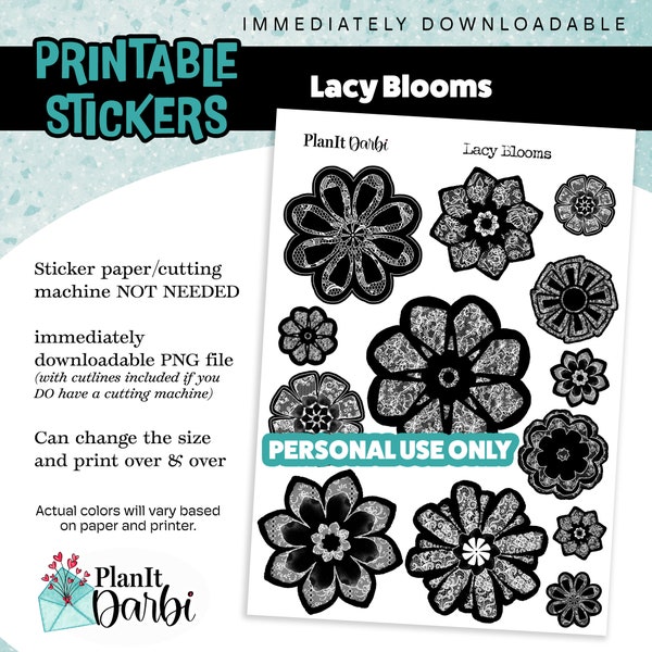 printable planner stickers: Lacy Blooms - black and white lace flowers, lacy florals, intricate lace, creative planner and journal stickers