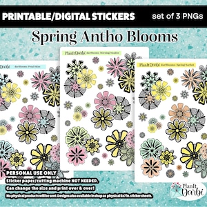 May include: Set of three digital sticker sheets featuring floral designs. Each sheet showcases a different color palette: pink and yellow, pink and blue, and orange and yellow. The text "Spring Antho Blooms" is displayed at the top. The stickers are available as printable PNGs.