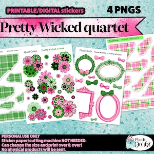 May include: A digital sticker set named "Pretty Wicked Quartet" with floral and plaid designs in pink, green, and white. The set includes frames, bows, and floral arrangements. Contains 4 PNGs for personal use.