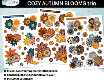 printable fall stickers; Darblooms trio (set of 3 PNGs), digital, fall flowers, autumn florals, watercolor flowers, unique planner stickers