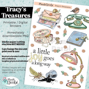 May include: Digital sticker sheet featuring vintage illustrations of a telephone, jewelry box, envelopes, and a desk lamp. The text "Tracy's Treasures" and "a little joy goes a long way" are also included. Printable PNG format.