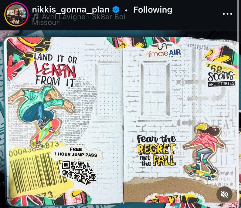 May include: A white brick wall background with a colorful sticker that says "Land it or Learn from it" and a cartoon image of a person skateboarding. The sticker is next to a barcode and a QR code. Another sticker says "Free 1 Hour Jump Pass". The other side of the page has a sticker that says "Fear the Regret not the Fall" and a cartoon image of a person skateboarding. The background is a white brick wall with a gray stencil pattern.
