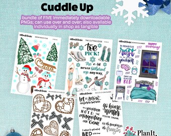 May include: A set of five printable digital stickers featuring winter-themed illustrations. The stickers include a snowman, a sled, ice skates, a bed, and a window with a moon and stars. The stickers are designed in a whimsical style with a blue and green color scheme.