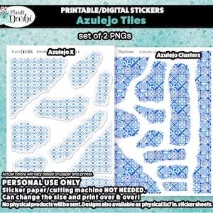 May include: Digital sticker sheets featuring blue and white Azulejo tile designs. The sheets include various shapes and sizes of the tile patterns, with the text "Azulejo Tiles" and "set of 2 PNGs". The stickers are for personal use only.