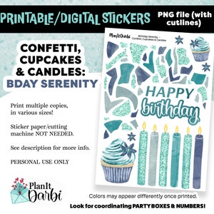 printable stickers: BIRTHDAY SERENITY Confetti, Cupcakes & Candles digital stickers for planning, journaling, card-making, scrapbooks