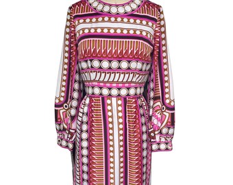 Vestido vintage de Tori Richard / Estampado geométrico y floral llamativo / Vestido midi de manga larga