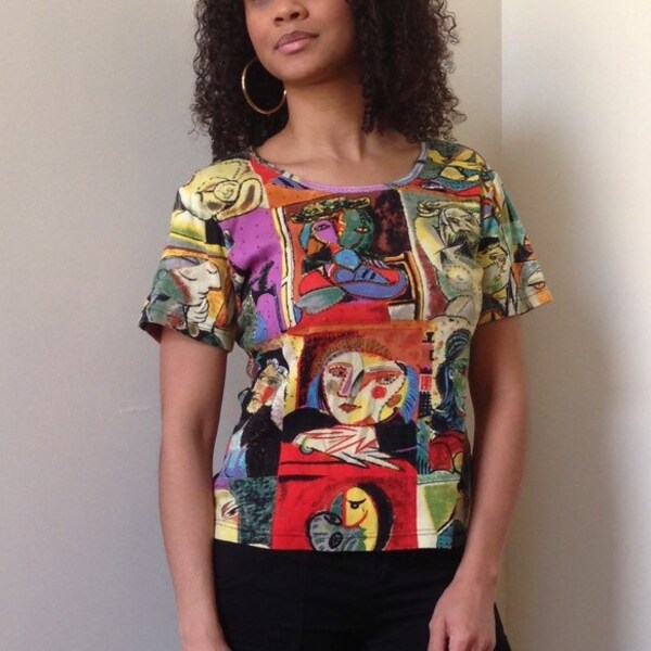 90s Ronnie Salloway Muticolor Pablo Picasso Style T-Shirt - Top with Beading