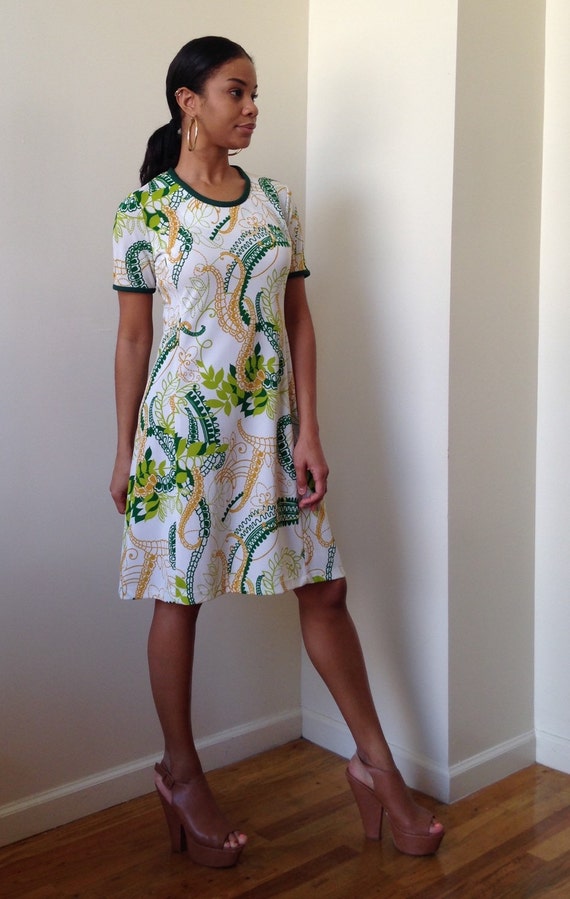 60s Green Baroque Vine Print Midi Day Dress