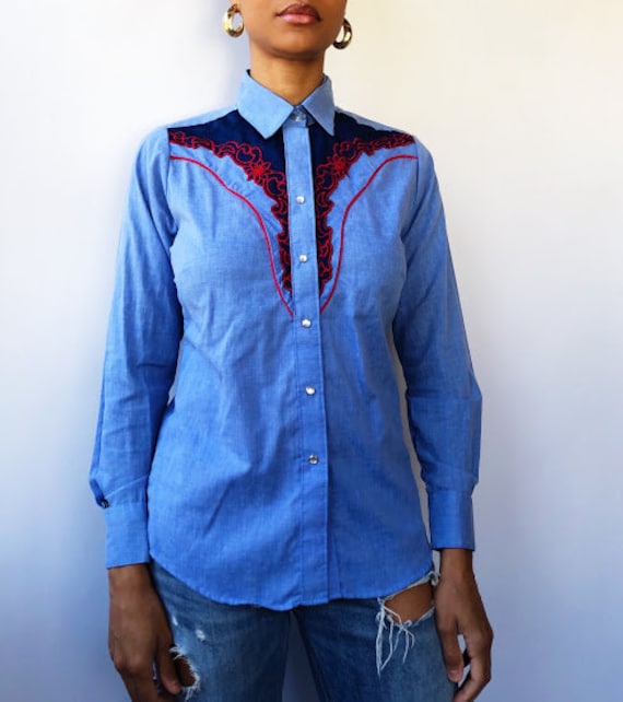 70s Rockmount Ranch Wear Chambray Blouse (M/L)
