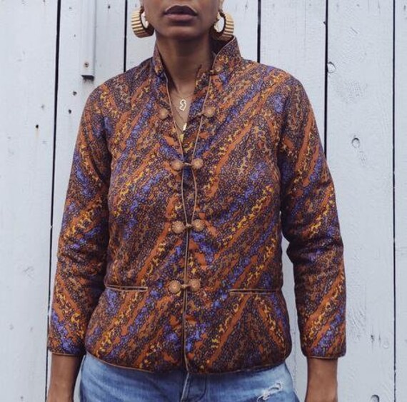 Vintage Geometric Print Padded Mandarin Collar Jac